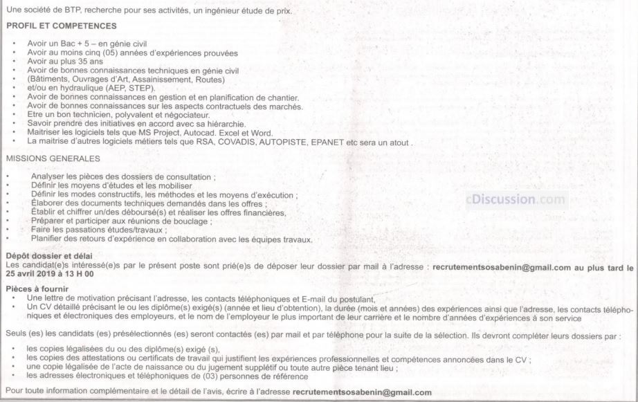 (01) Ingénieur étude de prix